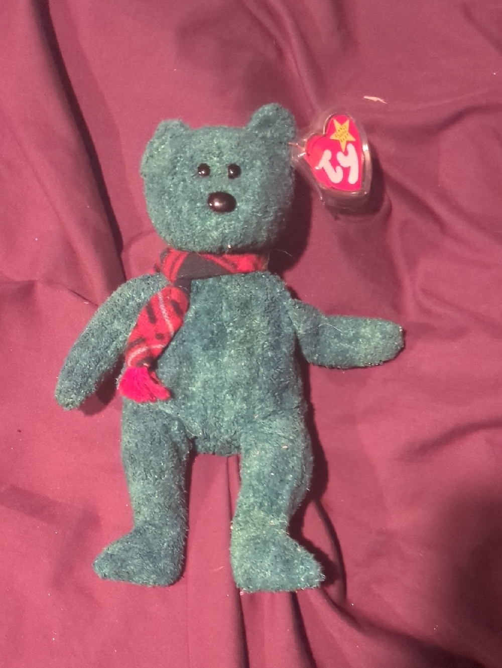 Ty Green Plush Teddy Bear with Red Scarf "Wallace"